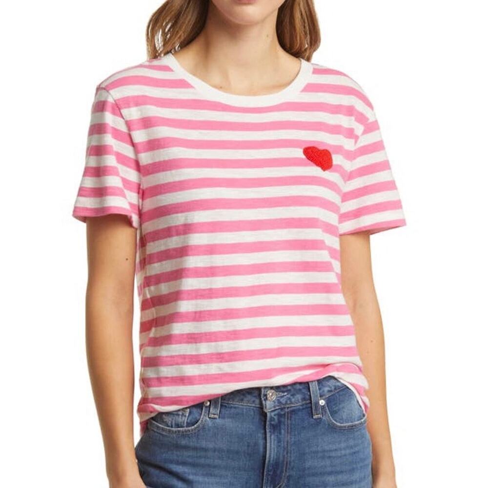 NWT CASLON Stripe Embroidered Heart Tee Pink Azalea Ivory Stripe Heart Sz L